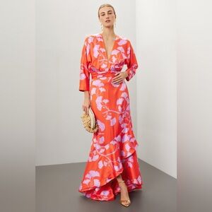 Elegant High Low Floral Dress in Red and Pink